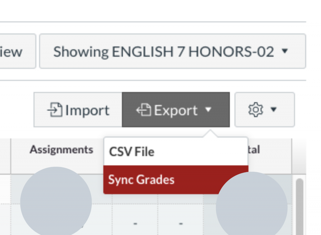 Sync Grades button location under Export.